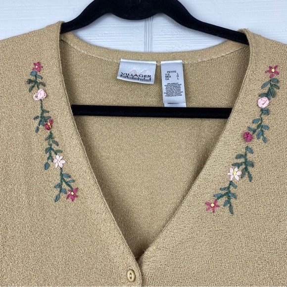 Villager Liz Claiborne Tan V-neck Knit Cardigan Pink Floral Embroidery L Petite - Picture 2 of 6